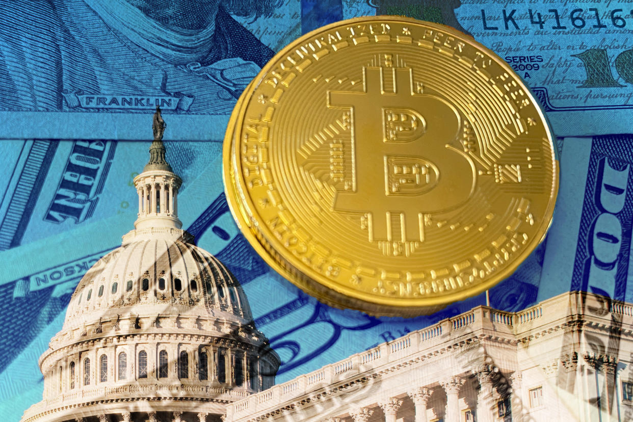 Cryptocurrency & Bitcoin on U.S Currency Investments Background with the United States Capitol Building. Digital currency is used for verified transactions while  maintaining a digital record in  a decentralized system using cryptography, rather than by a centralized authority.