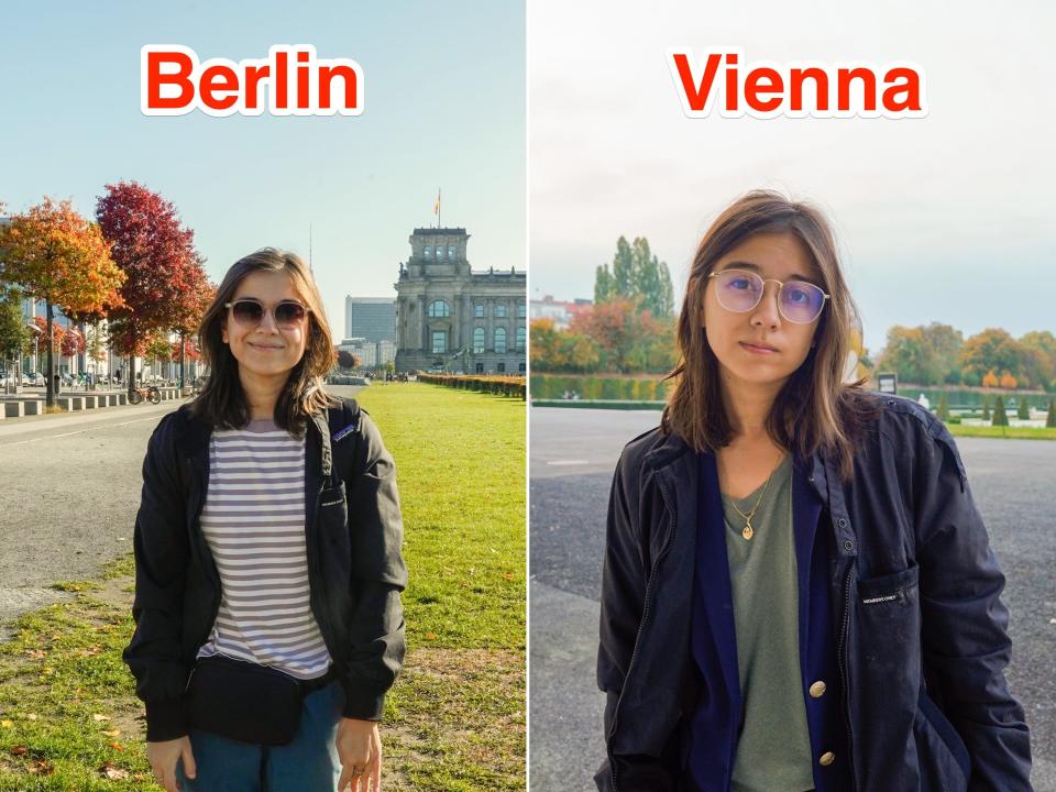 The author travels solo in Berlin (L) and Vienna (R).