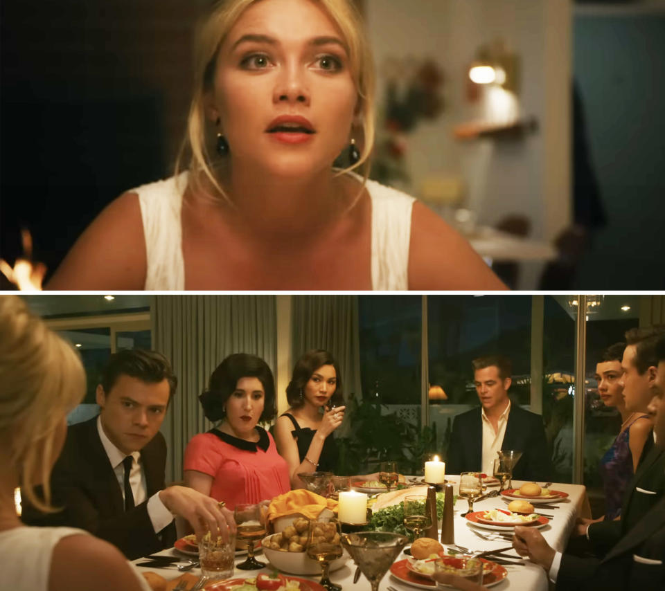 Florence Pugh, Harry Styles, Gemma Chan, Chris Pine, and more at the dinner table in "Don't Worry Darling"