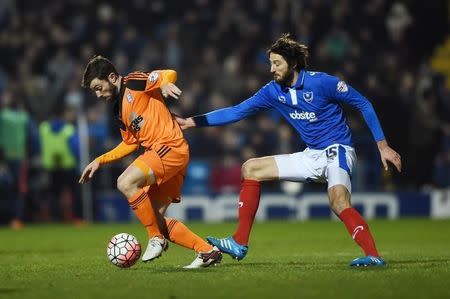 Football Soccer - Portsmouth v Ipswich Town - FA Cup Third Round Replay - Fratton Park - 19/1/16 Ipswich Town's Tommy Oar in action with Portsmouth's Adam Barton Mandatory Credit: Action Images / Tony O'Brien Livepic