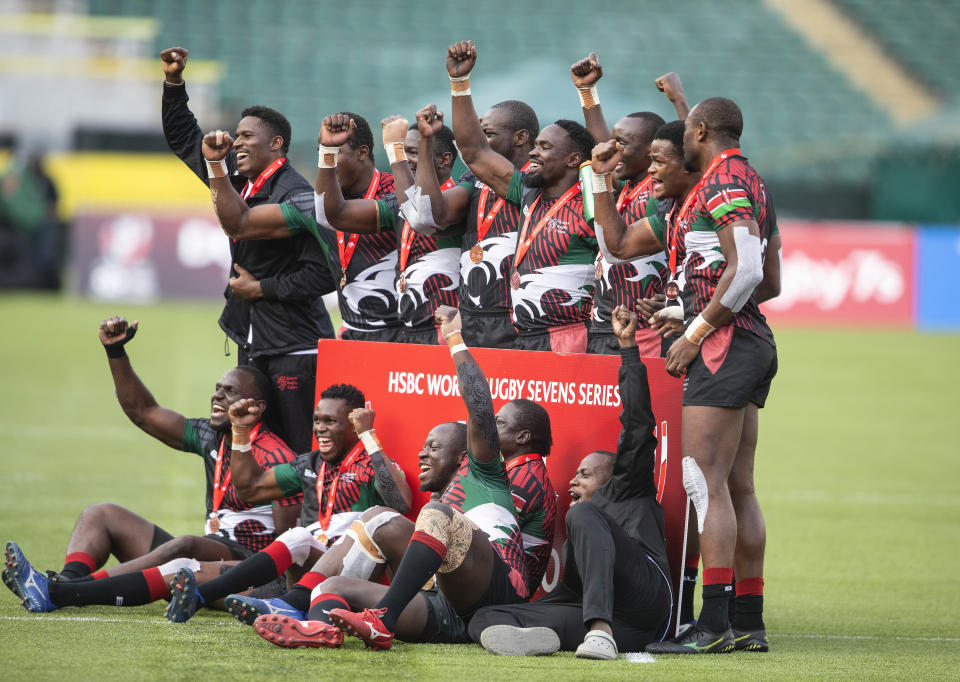 Team Kenya celebrates their bronze medal win over Team Canada in an HSBC Canada Sevens bronze medal rugby match in Edmonton, Alberta, Sunday, Sept. 26, 2021. (Jason Franson/The Canadian Press via AP)