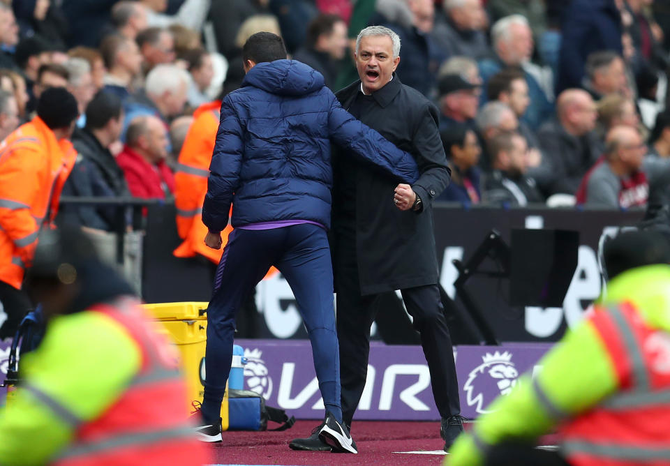 Jose Mourinho celebrates after Tottenham Hotspur's first goal against West Ham on Saturday. (Photo by Catherine Ivill/Getty Images)