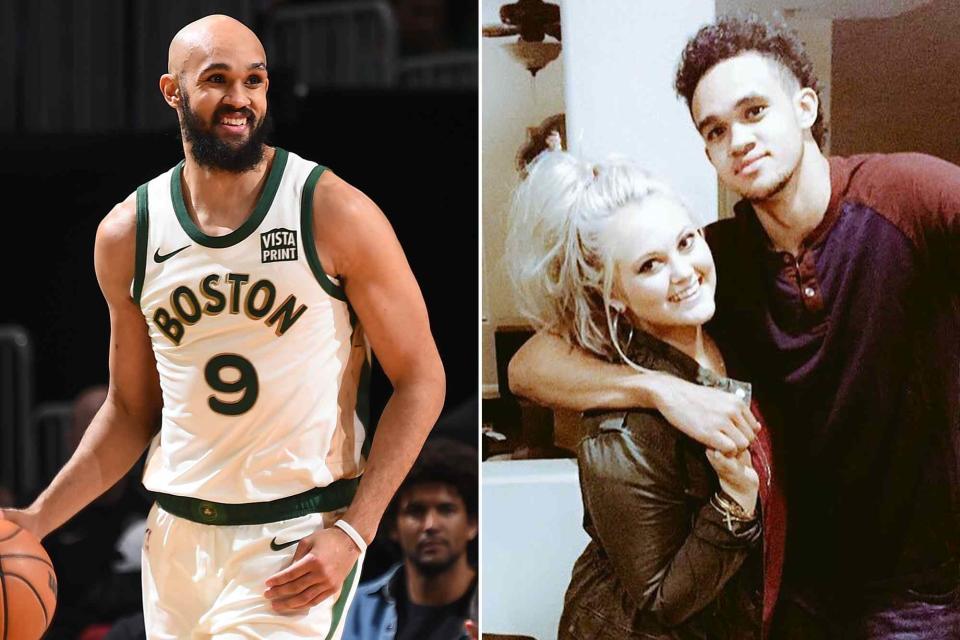 <p>Brian Babineau/NBAE/Getty ; Derrick White Instagram</p> Derrick White during a game on April 7, 2024 in Boston, Massachusetts. ; Derrick White and Hannah Schneider pose for a photo.