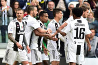 Soccer Football - Serie A - Juventus v Fiorentina - Allianz Stadium, Turin, Italy - April 20, 2019 Juventus' Alex Sandro celebrates scoring their first goal with Leonardo Bonucci, Juan Cuadrado and team mates REUTERS/Massimo Pinca