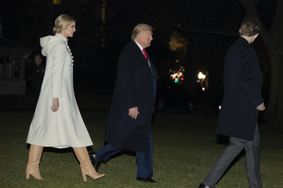 President Donald Trump, son Barron Trump and Ivanka Trump, left, leave the White House, Friday, Dec. 20, 2019, in Washington, on their way to Andrews Air Force Base, Md, where the president will sign the National Defense Authorization Act for Fiscal Year 2020. The first family will then fly to Florida and spend their vacation at his Mar-a-Lago estate in Palm Beach, Fla. (AP Photo/Manuel Balce Ceneta)