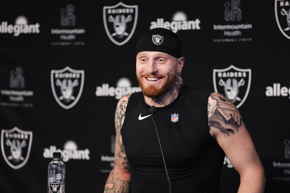 Las Vegas Raiders defensive end Maxx Crosby speaks during an NFL football press conference in Henderson, Nev., Wednesday, July 26, 2023. (Wade Vandervort/Las Vegas Sun via AP)