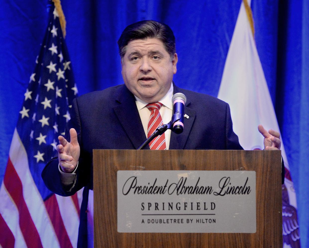 Illinois Gov. JB Pritzker speaks at the Abraham Lincoln hotel in Springfield during Illinois Business Day Wednesday, April 26, 2023.