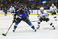 ST. LOUIS, MO - APRIL 30: Alexander Steen #20 of the St. Louis Blues controls the puck against Jarret Stoll #28 of the Los Angeles Kings in Game Two of the Western Conference Semifinals during the 2012 NHL Stanley Cup Playoffs at the Scottrade Center on April 30, 2012 in St. Louis, Missouri. (Photo by Dilip Vishwanat/Getty Images)