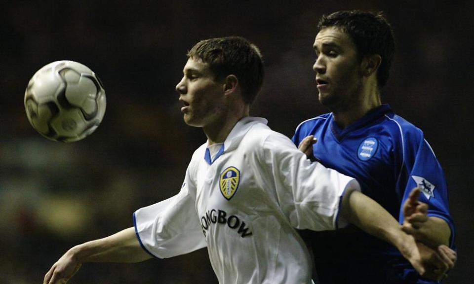 16-year-old James Milner holds off Birmingham’s Damien Johnson while playing for Leeds in 2003.