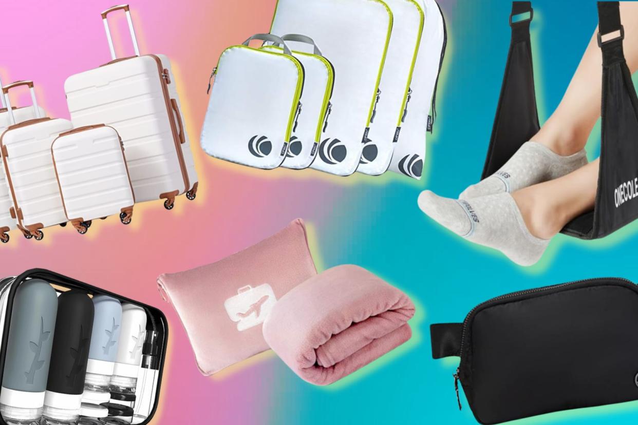 an amazon prime day luggage set, travel toiletry kit, packing cubes, airplane footrest, belt bag, travel pillow and blanket