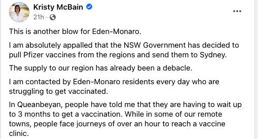 A screenshot of a Facebook post by Labor MP Kristy McBain, who is angry over the NSW Government’s decision to redirect Pfiser vaccines from rural NSW to Sydney. Source: Facebook