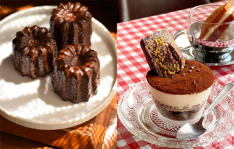 source: Kadoyaカドヤ喫茶店招牌甜點（左）經典可麗露 ／ （右）大吉嶺巧克力費雪生乳提拉米蘇