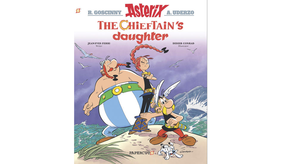 This image released by Papercutz shows the cover image for "The Chieftain's Daughter," the latest in the Asterix collection. Papercutz, which specializes in graphic novels for all ages, is republishing "Asterix" collections this summer with a new English translations — one specifically geared to American readers. Created by comic-strip artist Alberto Uderzo and writer Rene Goscinny in 1959, "Asterix" books have been translated into 111 languages, sold some 380 million albums worldwide and spawned multiple films. (Papercutz via AP)