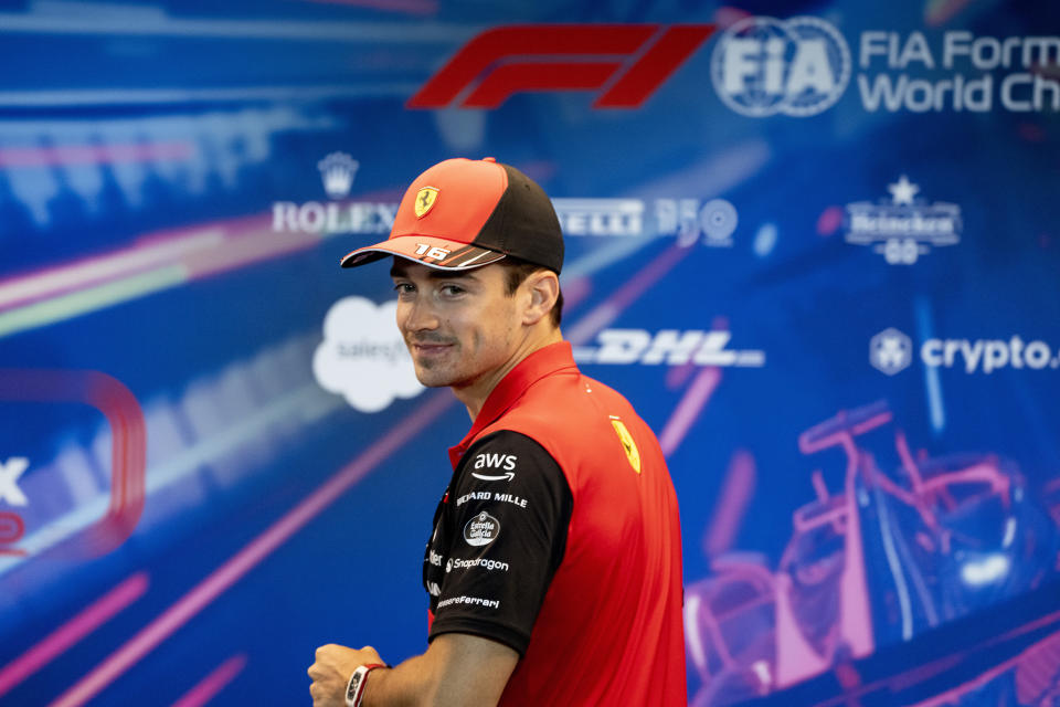 Scuderia Ferrari driver Charles Leclerc, of Monaco, arrives at a news conference at the Canadian Grand Prix Friday, June 17, 2022, in Montreal. (Paul Chiasson/The Canadian Press via AP)