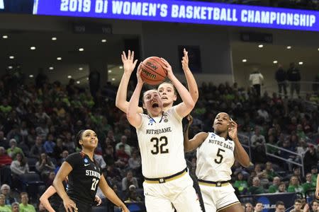 Apr 1, 2019; Chicago, IL, USA; Notre Dame Fighting Irish forward Jessica Shepard (32) grabs a rebound Cardinal during the second half in the championship game of the Chicago regional in the women's 2019 NCAA Tournament at Wintrust Arena. Mandatory Credit: David Banks-USA TODAY Sports