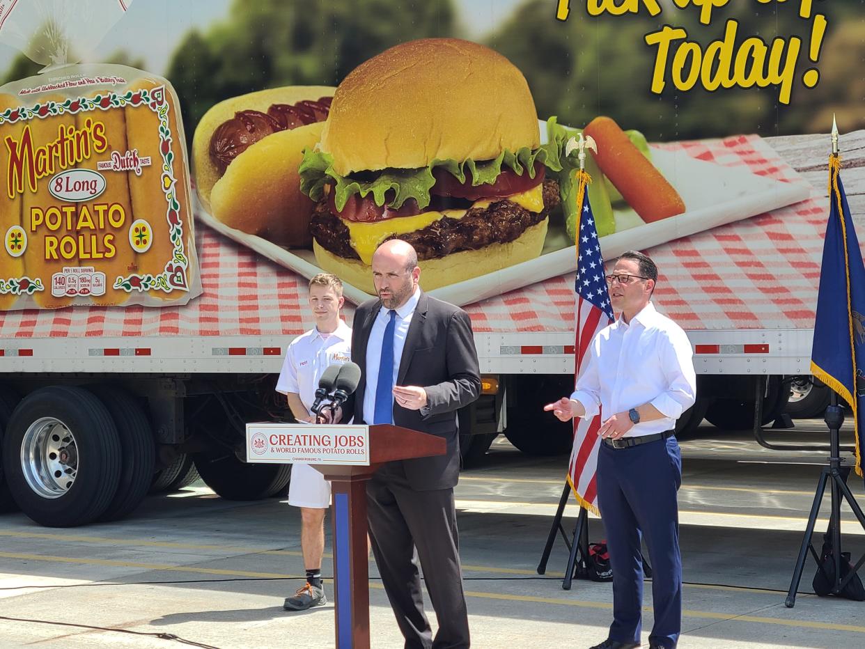 Rick Siger, secretary of the Department of Community and Economic Development, speaks during Gov. Josh Shapiro's appearance at Martin's Famous Pastry Shoppe, Chambersburg, on Tuesday, April 30, 2024.