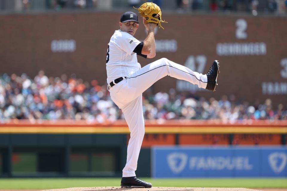 Matthew Boyd of the Detroit Tigers throws a first-inning pitch while playing the Arizona Diamondbacks at Comerica Park on Saturday, June 10, 2023.