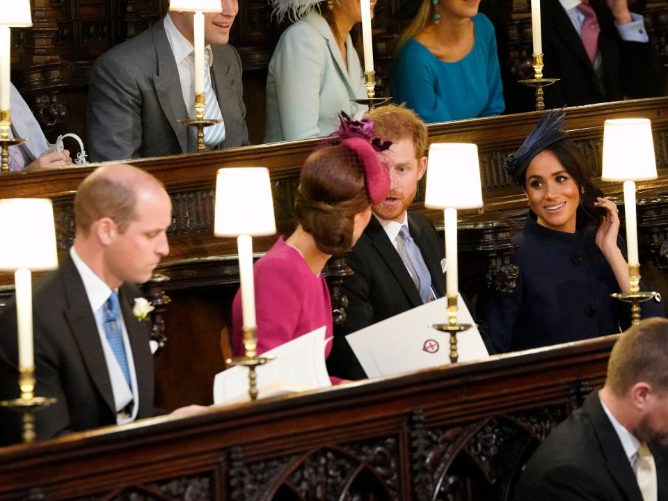 Kate Middleton, Prince William, Prince Harry, and Meghan Markle attend the wedding of Princess Eugenie of York to Jack Brooksbank at at St. George's Chapel on October 12, 2018 in Windsor, England.