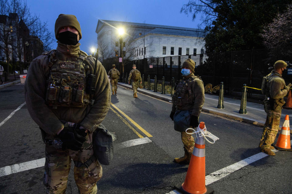 US National Guard officers near the US Capitol in Washington DC on January 16, 2021.