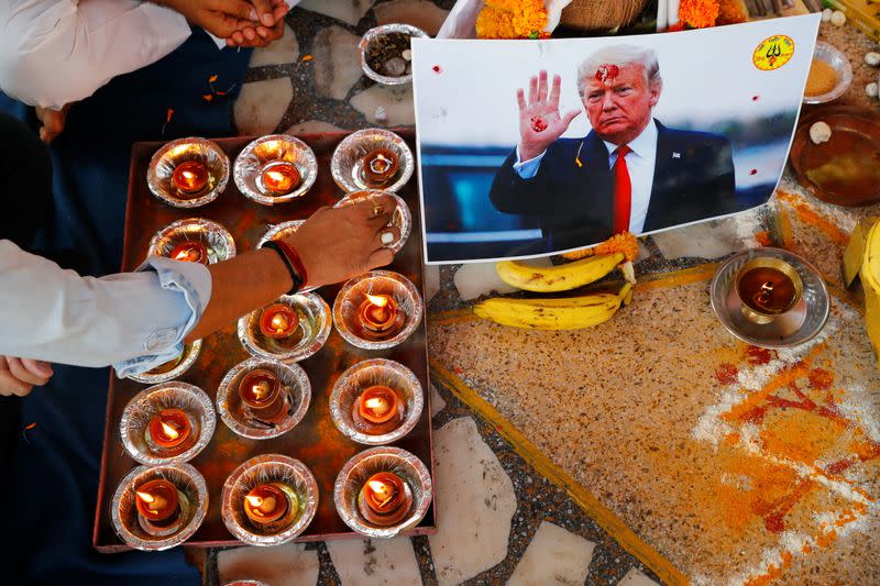 Activists of Hindu Sena, perform a special prayer to ensure a victory of U.S. President Donald Trump in the elections, in New Delhi