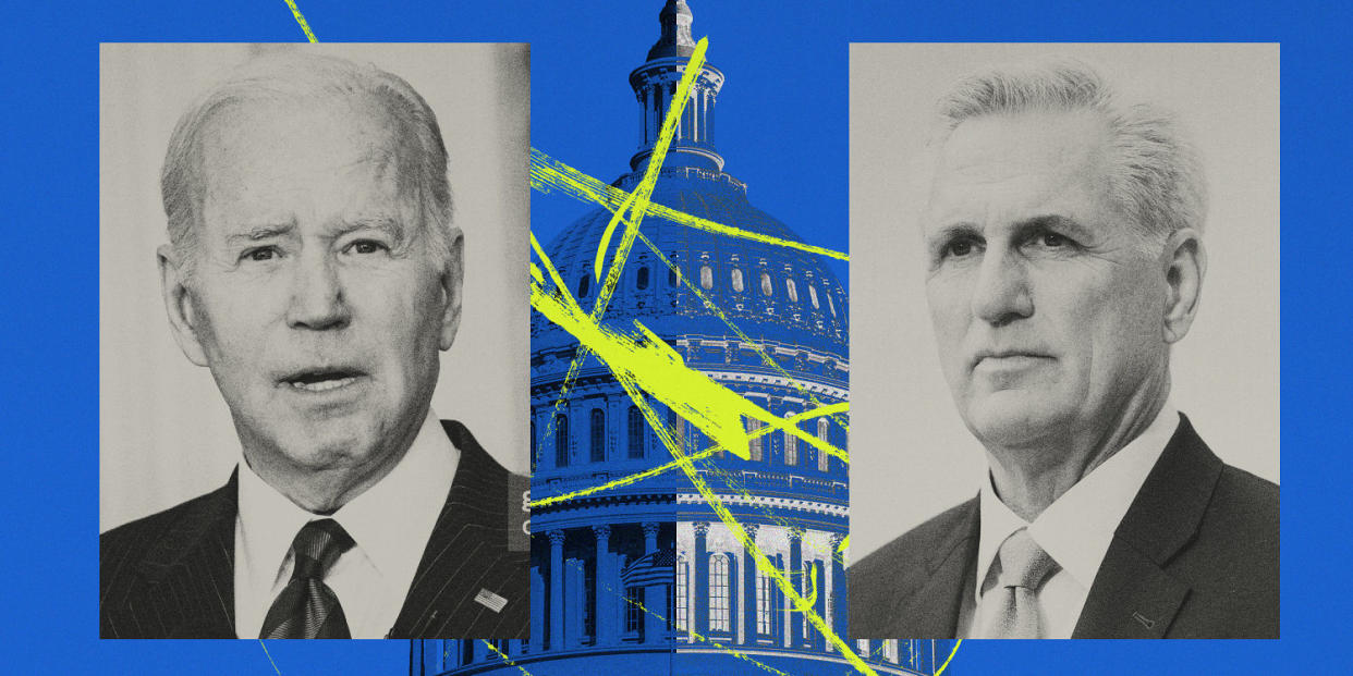 Photo illustration of President Joe Biden and House Speaker Kevin McCarthy with the Capitol in Washington and scribbles. (Chelsea Stahl / NBC News; Getty Images)