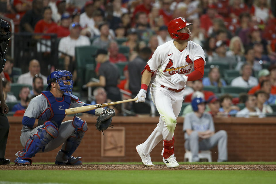 St. Louis Cardinals' Dylan Carlson watches his two-run home run during the fifth inning of the team's baseball game against the Chicago Cubs on Tuesday, Aug. 2, 2022, in St. Louis. (AP Photo / Scott Kane)