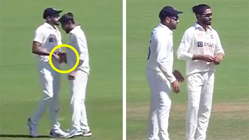 India spinner Ravi Jadeja (pictured left) interacting with Mohammed Siraj (pictured far left) and (pictured right) Jadeja talking.