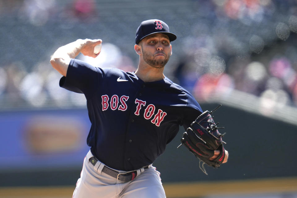 Boston Red Sox pitcher Kutter Crawford throws against the Detroit Tigers in the first inning of a baseball game in Detroit, Sunday, April 9, 2023. (AP Photo/Paul Sancya)