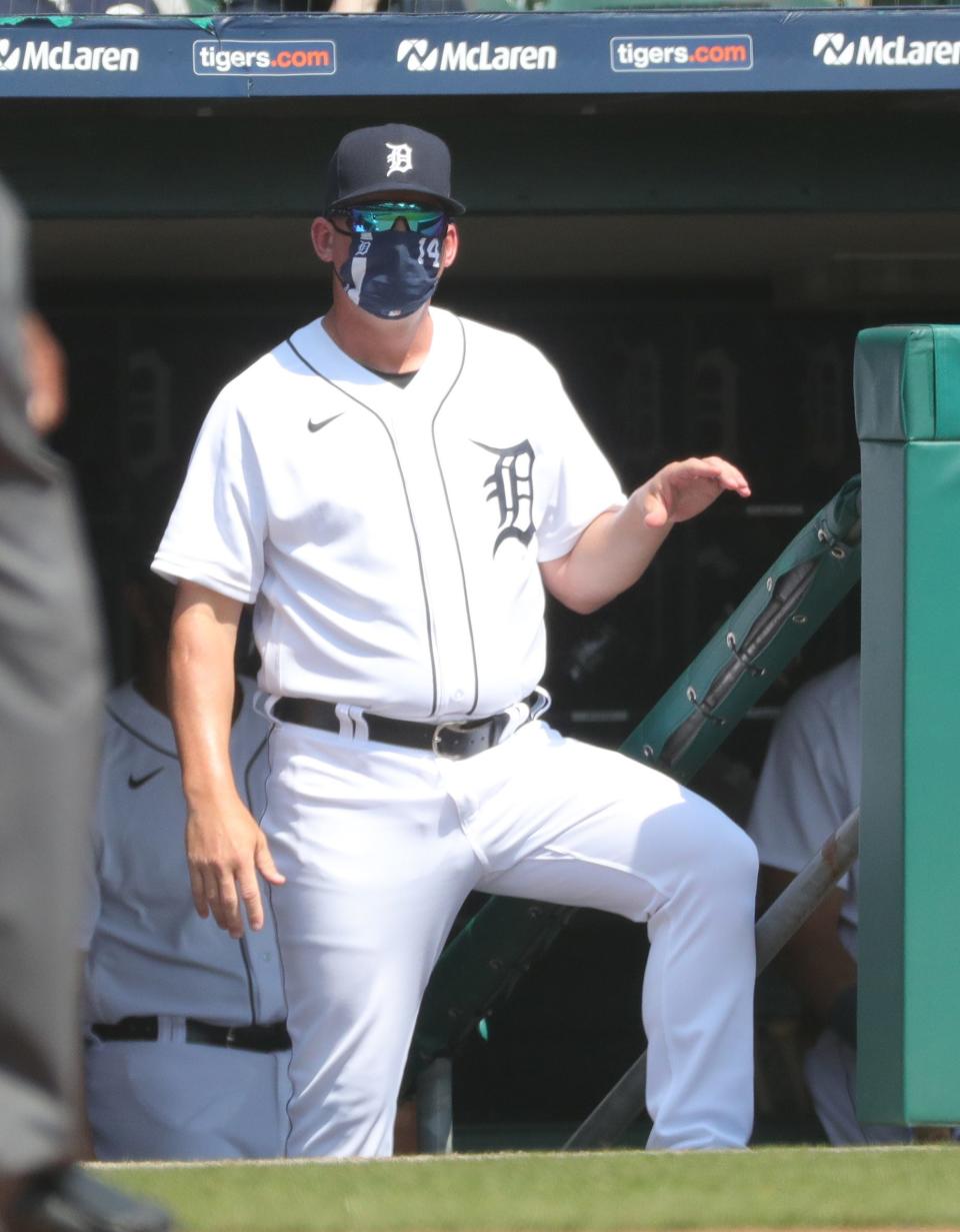 Tigers manager AJ Hinch watches from the dugout during the third inning on Wednesday, April 7, 2021, at Comerica Park.