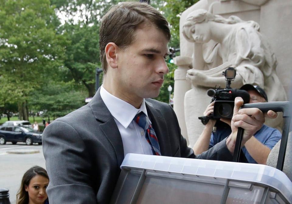 Nathan Carman arrives at federal court in Providence on Aug. 13, where he faced civil charges over insurance issues regarding the boat aboard which he and his mother went out to sea for a night of fishing in 2016.