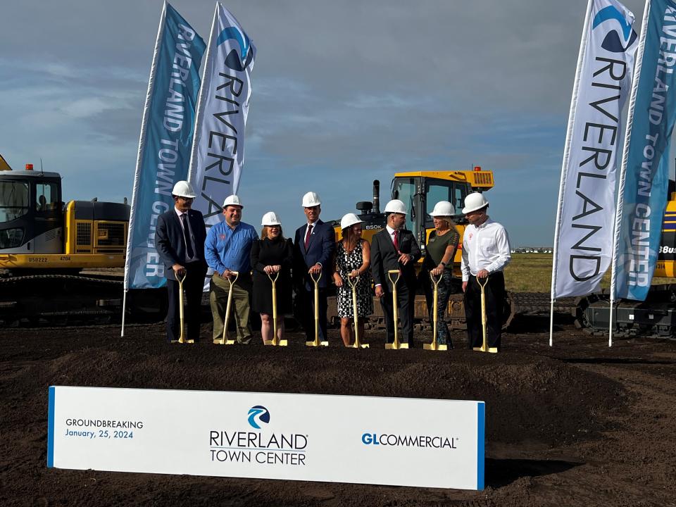 City of Port St. Lucie city manager, mayor and city council members stand with members of GL Homes at the Riverland Town Center groundbreaking Thursday morning, Jan. 25, 2024. (Left to right: City Manager Jesus Merejo, Councilman Anthony Bonno, Councilwoman Jolien Caraballo, GL Homes’ Division President Ryan Courson, Mayor Shannon Martin, Gl Homes’ President Misha Ezratti, Councilwoman Stephanie Morgan, Councilman David Pickett.)