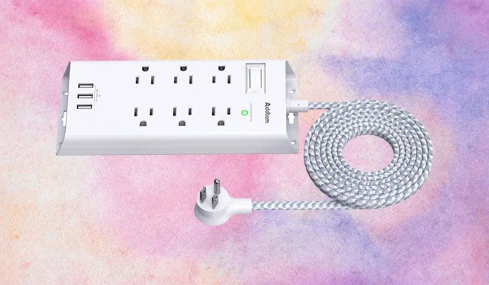 The Addtam surge protector has six AC outlets and three powered USB ports, and its braided cable ends in a flat plug.