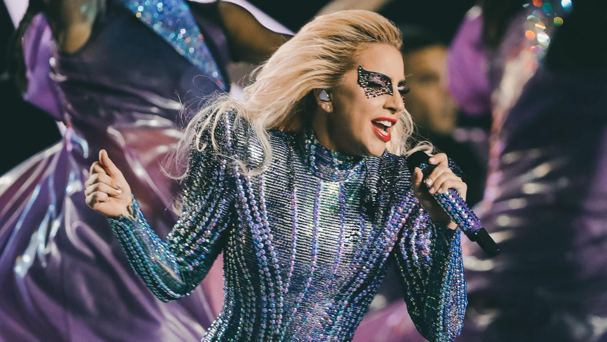 Singer Lady Gaga performs during the halftime show of the NFL Super Bowl 51 football game between the New England Patriots and the Atlanta Falcons, in Houston.