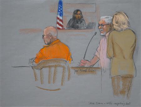 A courtroom artist's sketch shows Steve Davis (2nd R), brother of murder victim Debra Davis, speaking during the sentencing hearing for convicted mobster James "Whitey" Bulger (L), as judge Denise Casper (C) looks on in Boston, Massachusetts November 13, 2013. REUTERS/Jane Collins