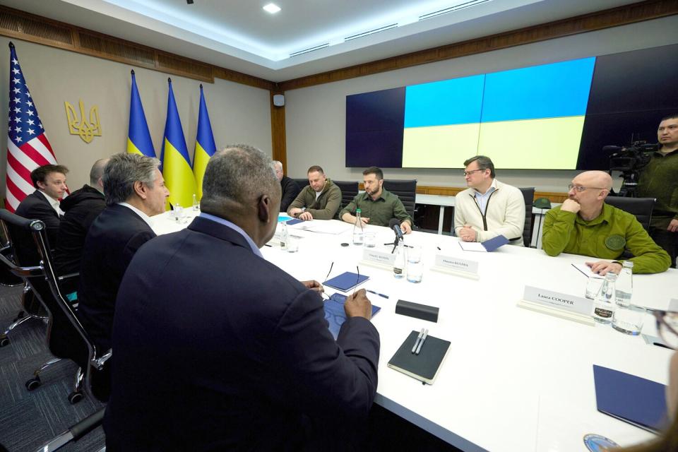 Ukrainian President Volodymyr Zelenskyy meets with U.S. Secretary of State Antony Blinken and U.S. Secretary of Defense Lloyd Austin III during their visit to the Ukrainian capital of Kyiv, Ukraine