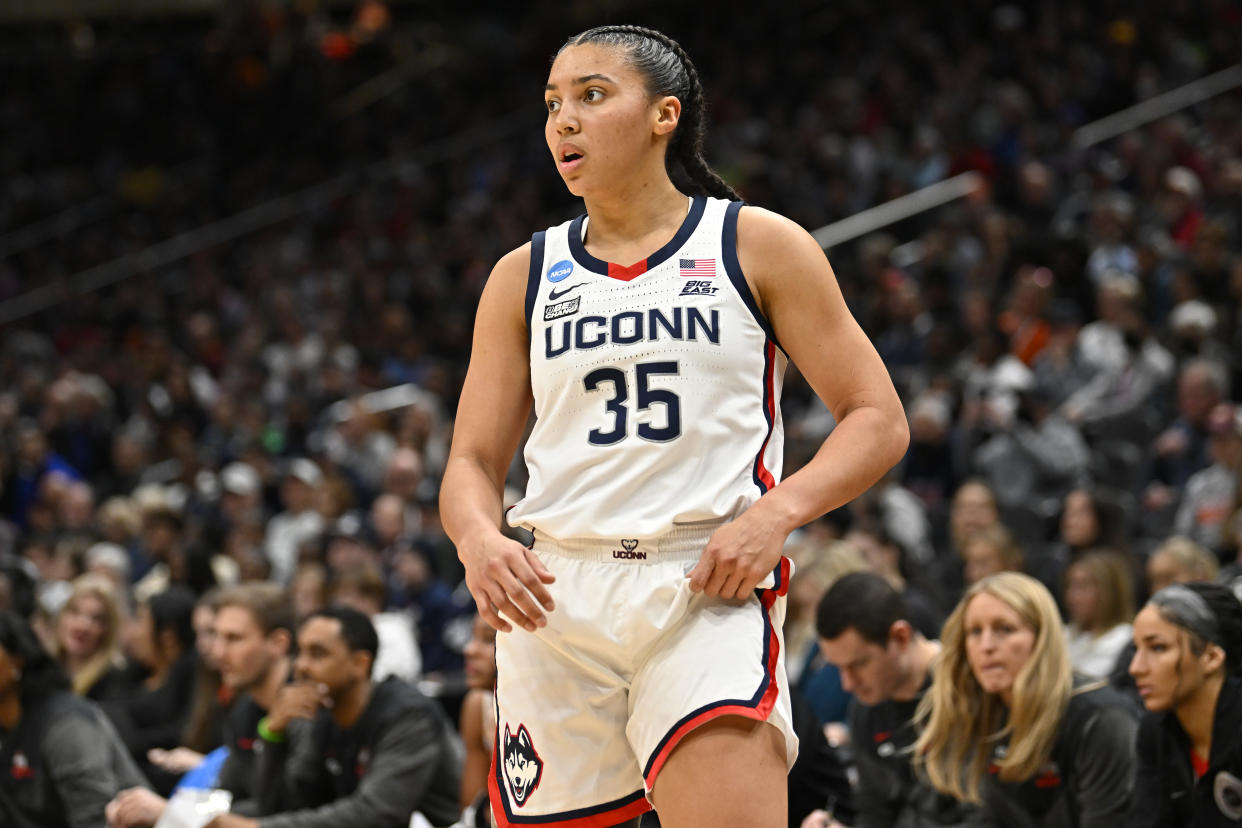 UConn's Azzi Fudd looks on during the second quarter against the Ohio State Buckeyes in the Sweet 16 round of the 2023 NCAA women's tournament in Seattle. (Photo by Alika Jenner/Getty Images)