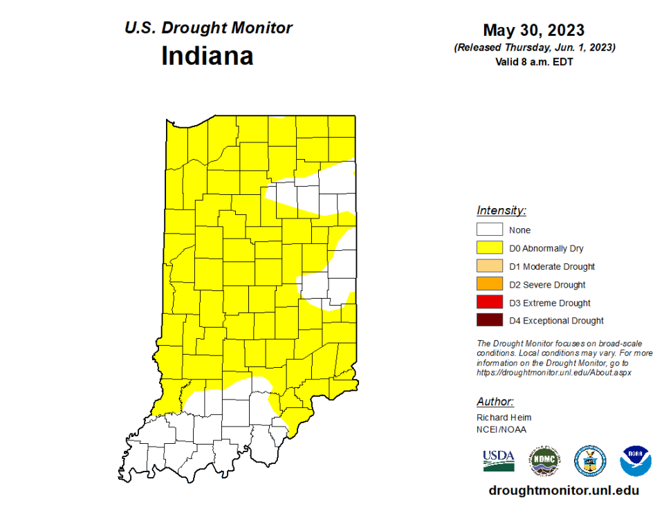 As of June 1, 2023, most of Indiana conditions are reported "abnormally dry."