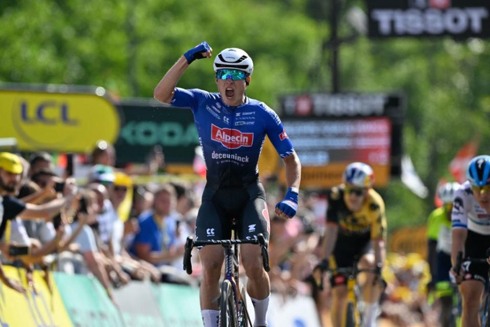 Belgian Jasper Philipsen of AlpecinDeceuninck celebrates after winning the third stage of the Tour de France cycling race a 1874 km race from AmorebietaEtxano to Bayonne France Monday 03 July 2023 This years Tour de France takes place from 01 to 23 July 2023 BELGA PHOTO DIRK WAEM Photo by DIRK WAEM  BELGA MAG  Belga via AFP Photo by DIRK WAEMBELGA MAGAFP via Getty Images