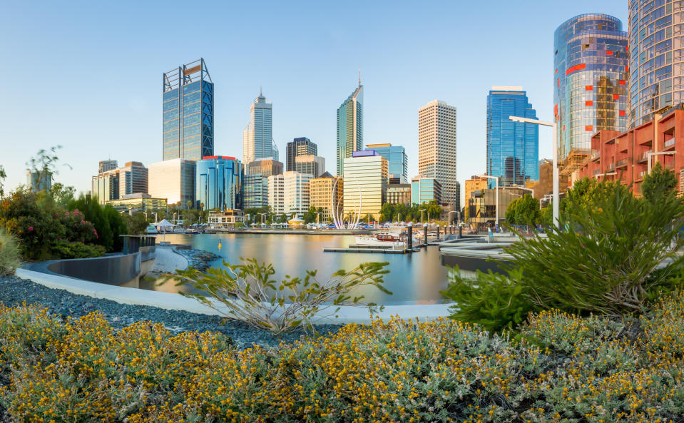 Cityscape of Perth WA from Elizabeth Quay Just after sunset with garden in the foreground.