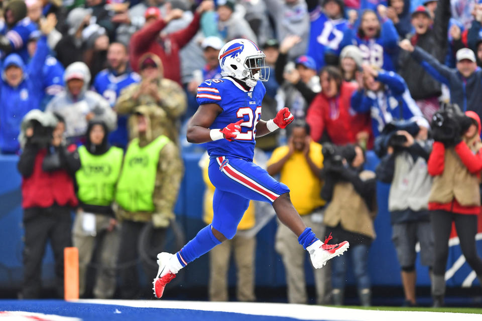 Buffalo Bills' Devin Singletary reacts after he scores a touchdown during the second half of an NFL football game against the Philadelphia Eagles, Sunday, Oct. 27, 2019, in Orchard Park, N.Y. (AP Photo/Adrian Kraus)