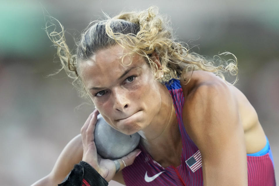 Anna Hall, of the United States, makes an attempt in in in the heptathlon shot put during the World Athletics Championships in Budapest, Hungary, Saturday, Aug. 19, 2023. (AP Photo/Matthias Schrader)