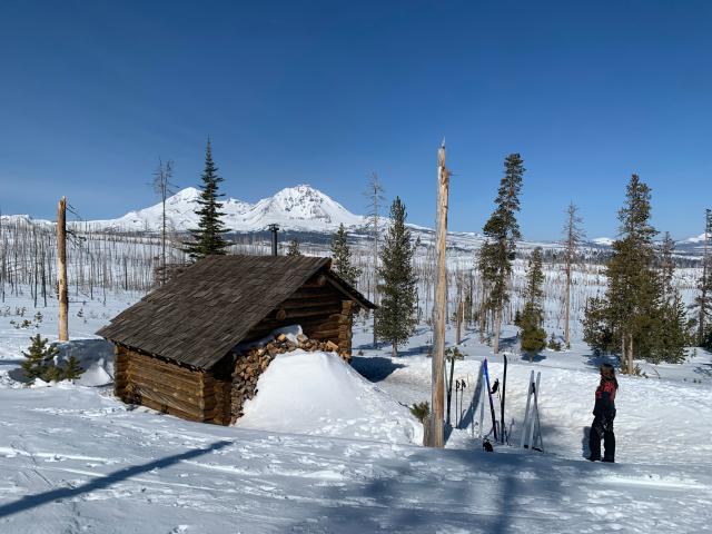 The Three Sisters are the main attraction at Jefferson View Shelter near Upper Three Creek Sno-Park near Sisters in Deschutes National Forest.