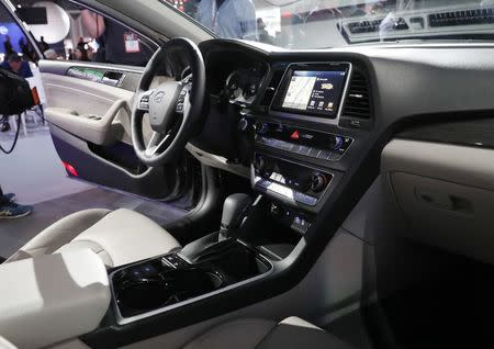 View of the interior of the 2018 Hyundai Sonata being displayed at the 2017 New York International Auto Show in New York City, U.S. April 12, 2017. REUTERS/Brendan Mcdermid