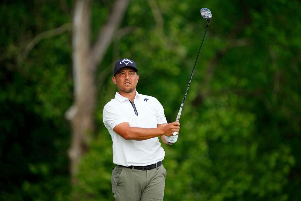 Xander Schauffele tees off on the fifth hole during the third round of the PGA Championship golf tournament at Valhalla Golf Club.