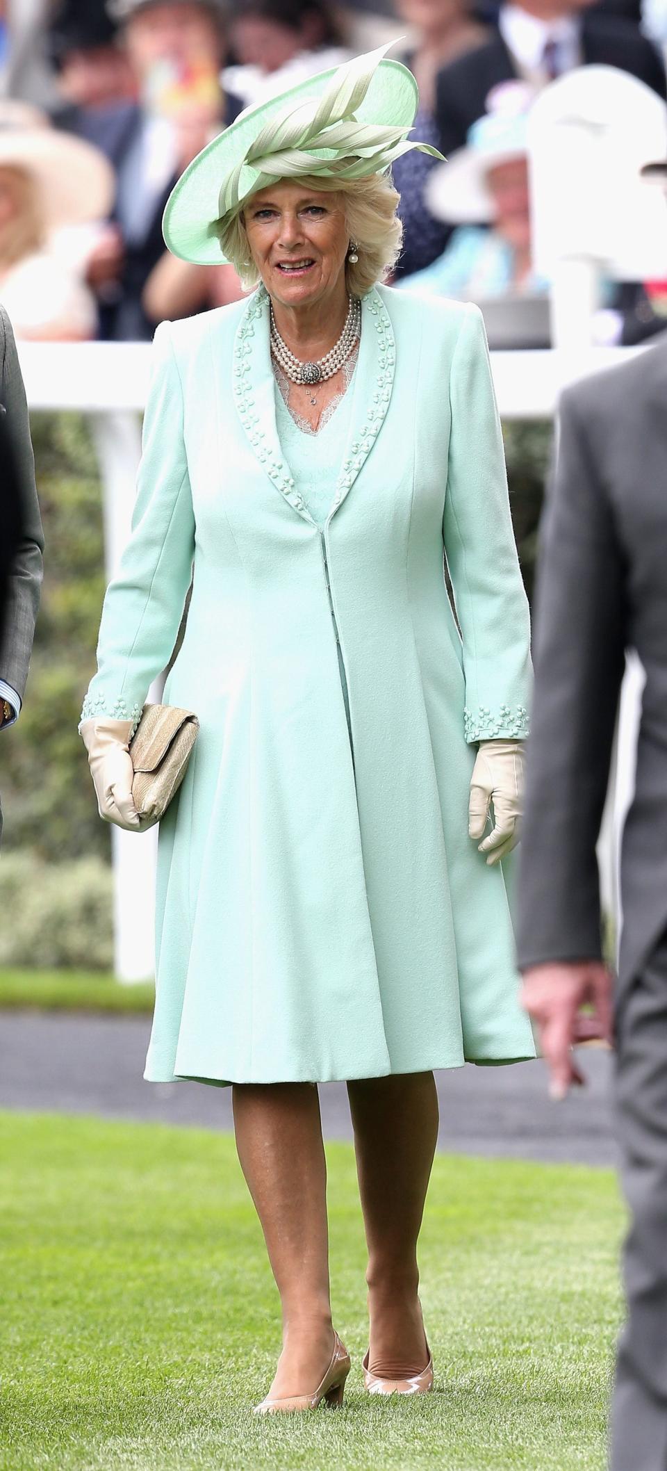 Camilla, Duchess of Cornwall in the parade ring on day 1 of Royal Ascot - Getty