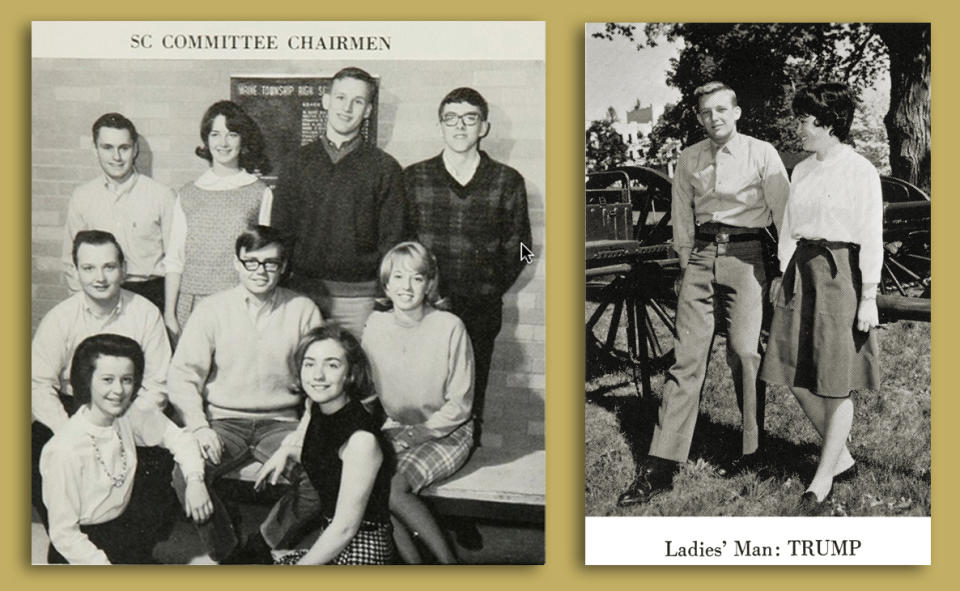 Hillary Clinton, bottom right, in the Student Council Commitee Chairmen group yearbook photo and Donald Trump in his year book photo citing him as 'Ladies' Man'. (Photos: 1965 Maine South High School yearbook, New York Military Academy’s 1964 yearbook)