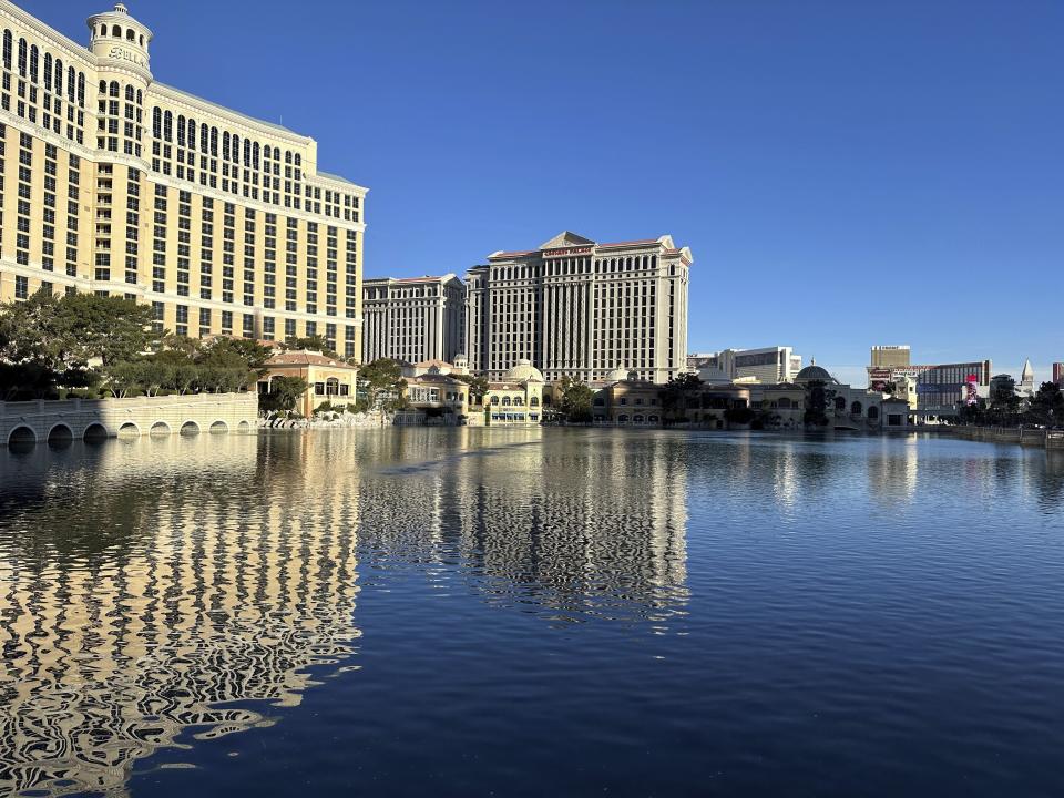 This photo of Wednesday, March 6, 2024, shows the fountain lake at the Bellagio resort on the Las Vegas Strip. Hotel officials said in a social media post Tuesday March 5, 2024, that the popular “dancing fountains” show had been paused to allow Nevada state wildlife officials to rescue a rare yellow-billed loon that found its way to the artificial lake. (AP Photo/Ken Ritter)