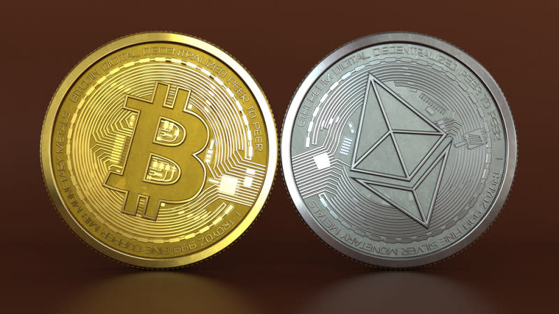 3d illustration of bitcoin and Ethereum coins