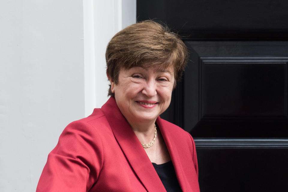 LONDON, UNITED KINGDOM - MAY 23, 2023: Managing director of the International Monetary Fund (IMF) Kristalina Georgieva poses outside 11 Downing Street ahead of the meeting with Chancellor of the Exchequer Jeremy Hunt in London, United Kingdom on May 23, 2023. (Photo credit should read Wiktor Szymanowicz/Future Publishing via Getty Images)