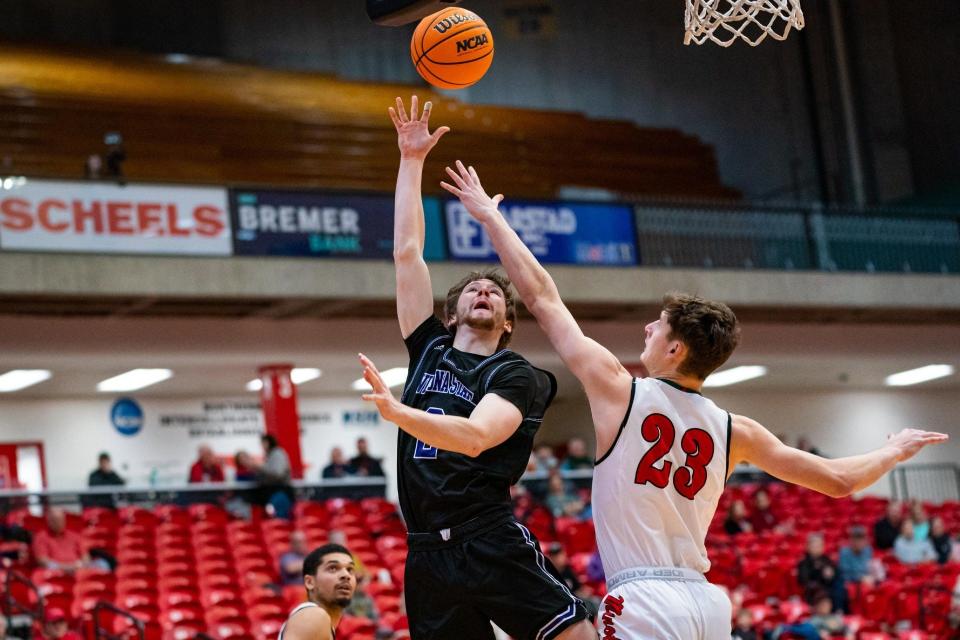 Winona State guard Connor Dillon goes up for a shot during a 2023 basketball game. The Peoria Notre Dame all-stater announced his commitment to Bradley in April 2024.